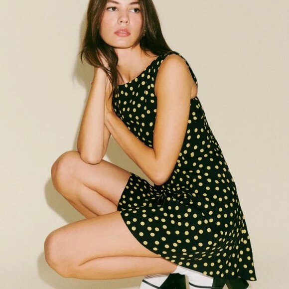 REFORMATION - NWT - Elva Dress in Lila (2) - Black & Yellow Polkadot Mini Dress - Picture 9 of 9
